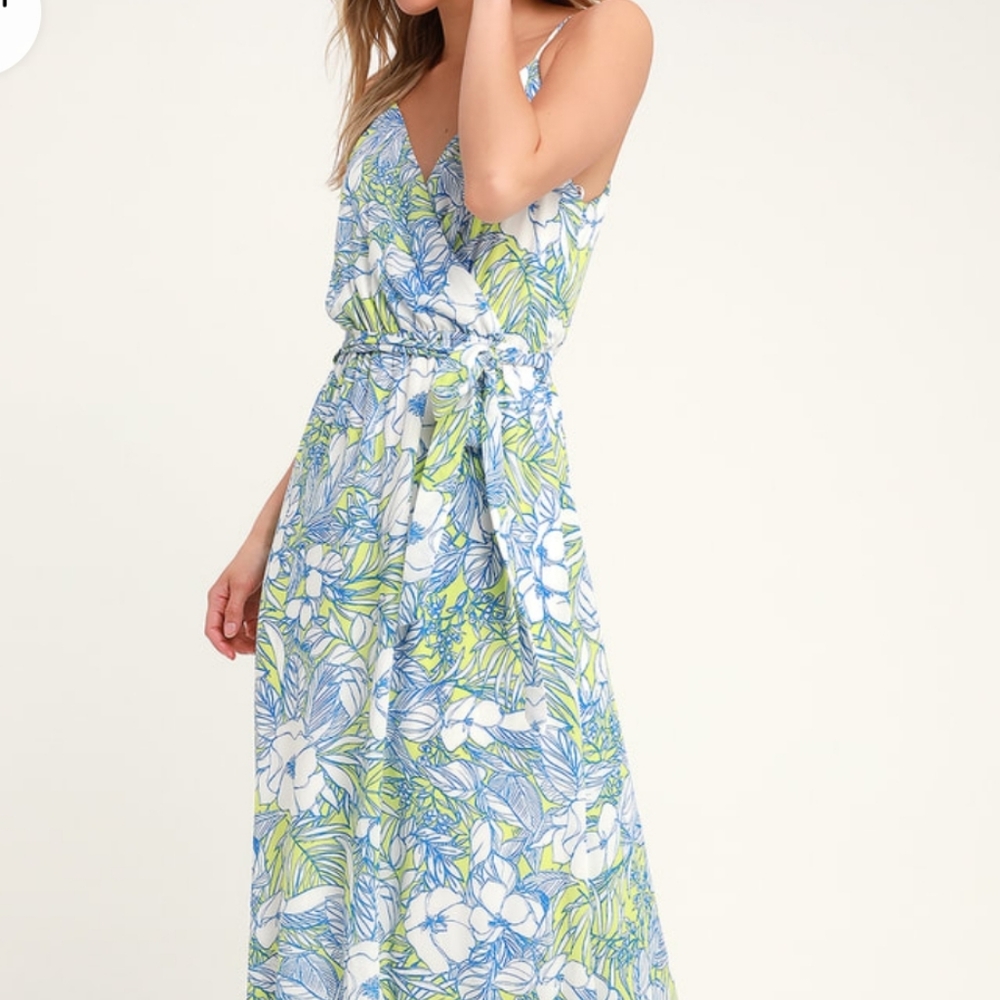 Lulu's Sunrise in Paradise Blue Multi Tropical Print Maxi Dress Size Small